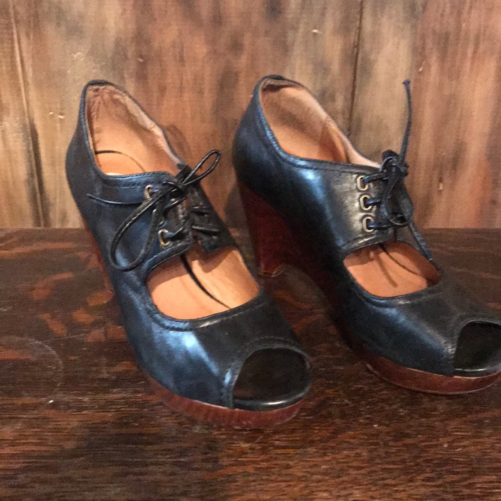 Miz Mooz black wedge leather with wood heel shoes